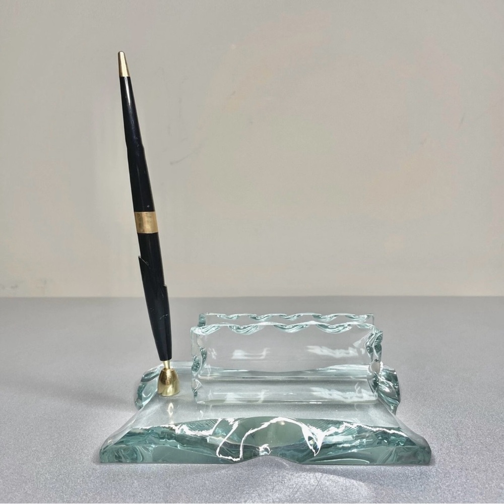 Vintage Crystal Business Card and Pen Holder With Ballpoint Pen